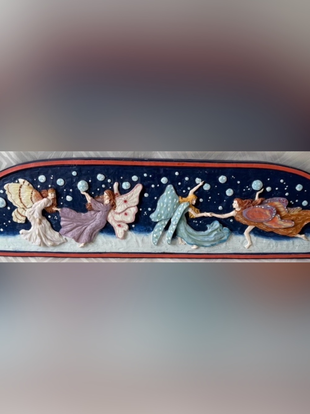 Vintage Multicolor Playing Dancing Fairy Sculptured Resin Moon Wall Art